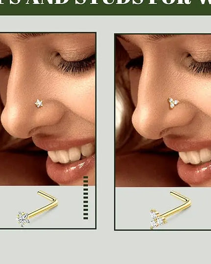 Florideco 14K Gold Plated Nose Rings for Women Men 20G Stainless Steel Nose Rings Hoops L Shaped Studs Nostril Piercings Jewelry