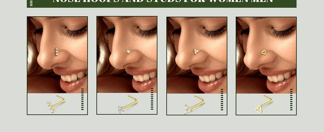 Florideco 14K Gold Plated Nose Rings for Women Men 20G Stainless Steel Nose Rings Hoops L Shaped Studs Nostril Piercings Jewelry