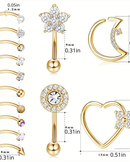 Drperfect Piercing Jewelry 16G Surgical Steel  Curved Barbell Eyebrow Rings Lip Belly Button Piercing Heart Moon Earrings
