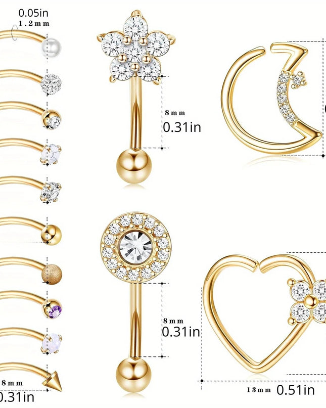 Drperfect Piercing Jewelry 16G Surgical Steel  Curved Barbell Eyebrow Rings Lip Belly Button Piercing Heart Moon Earrings