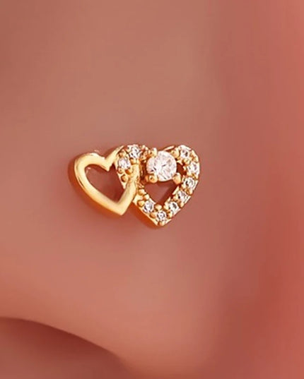 Fashion L Shaped Nose Studs Rings Cute Shiny Double Heart Nose Ring For Women Girls Body Piercing Jewelry Versatile Nose Ring