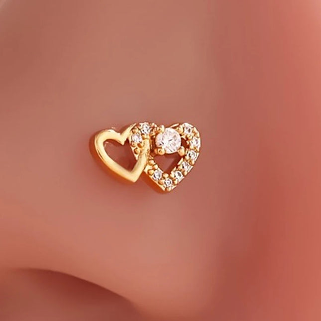 Fashion L Shaped Nose Studs Rings Cute Shiny Double Heart Nose Ring For Women Girls Body Piercing Jewelry Versatile Nose Ring