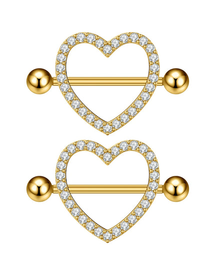 2PCS Both Sides Screwed Heart Nipple Piercings 5 Crystal CZs Nipple Ring Nipple Shield Barbell for Women Body Piercing Nombril