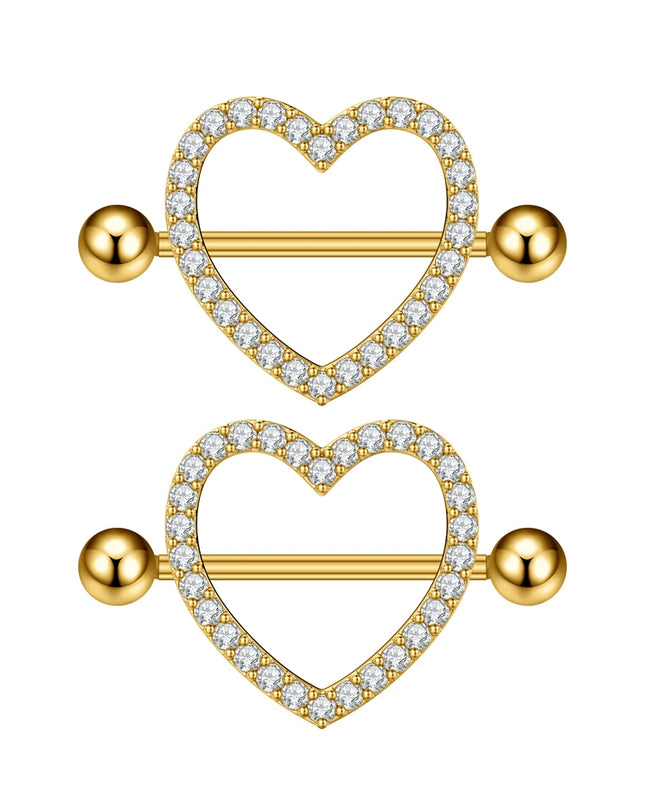 2PCS Both Sides Screwed Heart Nipple Piercings 5 Crystal CZs Nipple Ring Nipple Shield Barbell for Women Body Piercing Nombril