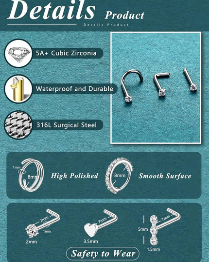 Bobisty 1Pc Nose Rings for Women Men Surgical Stainless Steel Retainer Clear Nose Rings Hoops Cartilage Tragus Piercing Jewelry