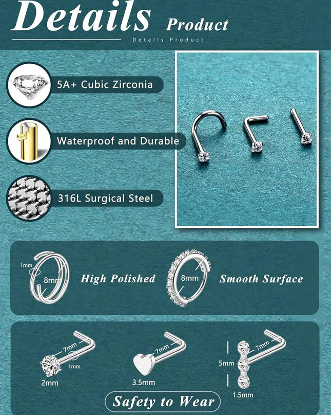 Bobisty 1Pc Nose Rings for Women Men Surgical Stainless Steel Retainer Clear Nose Rings Hoops Cartilage Tragus Piercing Jewelry