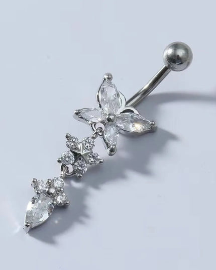 Unique Zircon Butterfly Belly Button Ring Long Chain Elegant Body Piercing Jewelry Curved Barbell Stainless Steel