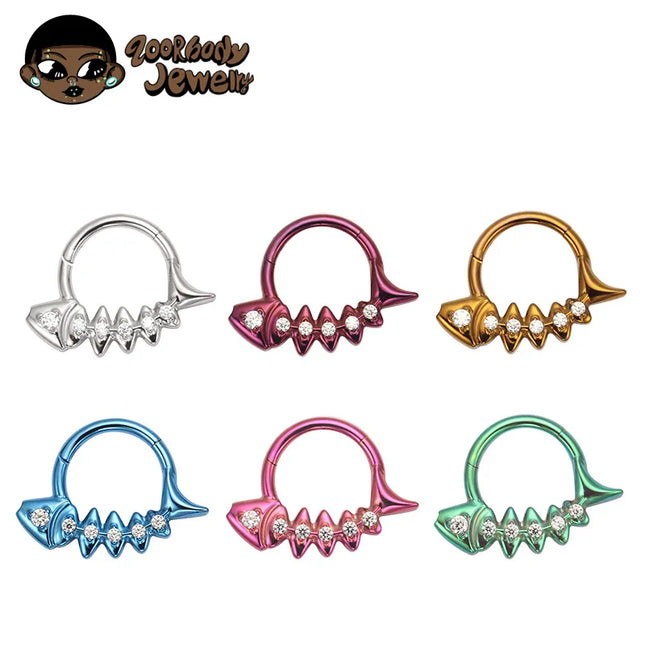 G23 Titanium Fishbone Spike Nose Ring Hinged Clicker Septem Piercing Gothic Zircon Anodized Segment Hoop Ring Daith Earring