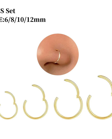 Gold Nose Rings for Women and Men, Clicker Septum Rings, Hoop Earrings, Suitable for Helix and Cartilage, Body Piercing Earrings