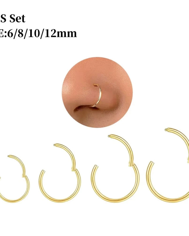 Gold Nose Rings for Women and Men, Clicker Septum Rings, Hoop Earrings, Suitable for Helix and Cartilage, Body Piercing Earrings