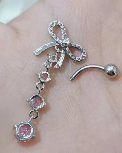Stainless Steel Bow Belly Button Piercing Heart Shape Pink Zircon Navel Piercing Jewelry Copper Dangle Belly Ring
