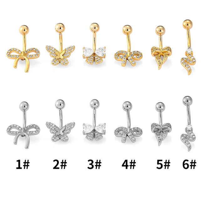 1PC 14G Surgical Steel Belly Button Rings Bow Butterfly Snake Cubic Zirconia Belly Button Barb Ombligo Piercing Jewelry