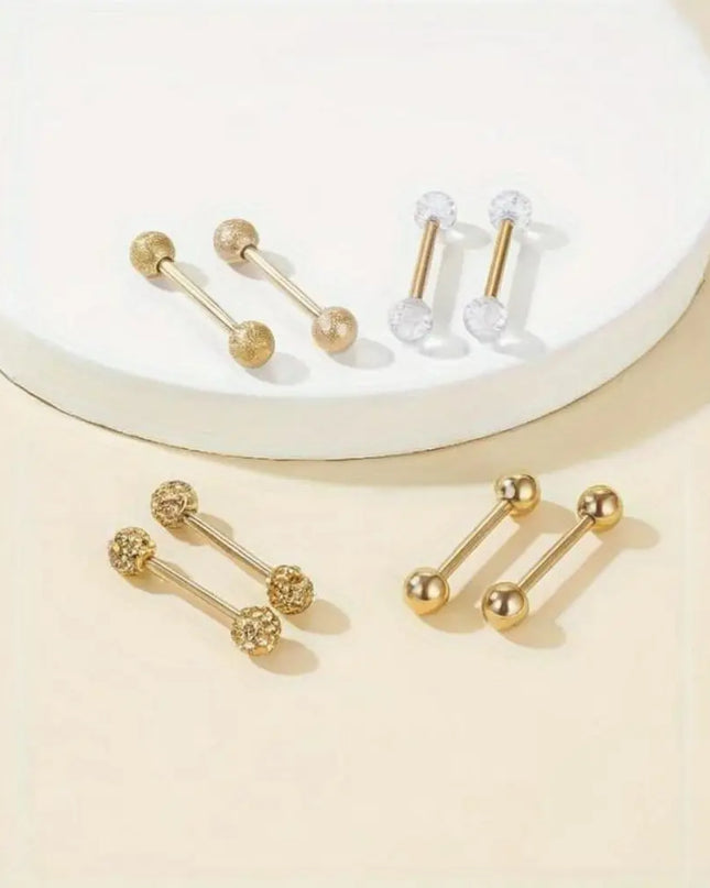 2pcs/8pcs Stainless Steel Nipple Ring Set with Rhinestones Round Balls Piercing For Woman Man Tongue Nail Stud Jewelry