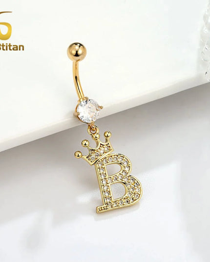 A-Z 26 Letter Initial Belly Button Rings 14G Titanium Curved Barbell Golden Zircon Navel Piercing Body Jewelry Women Accessories