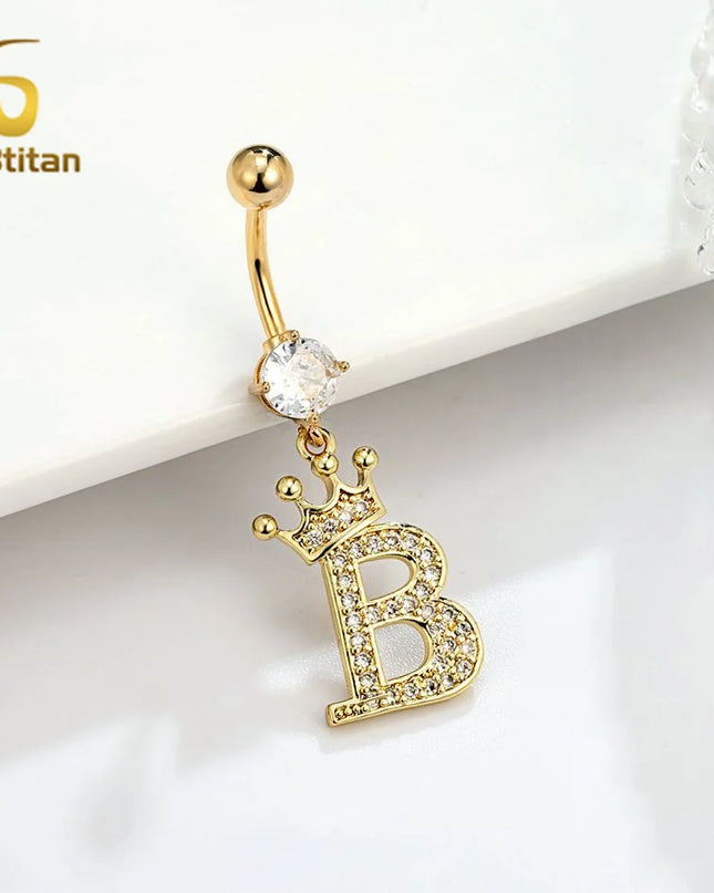 A-Z 26 Letter Initial Belly Button Rings 14G Titanium Curved Barbell Golden Zircon Navel Piercing Body Jewelry Women Accessories
