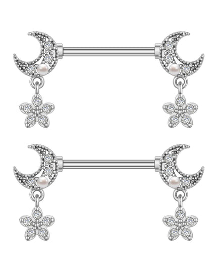 2pcs Lettering Sexy Nipple Piercing Jewelry Buttefly Cat Flower Dangled Stainless Steel Nipple Rings for Women Girls 1.6*16mm