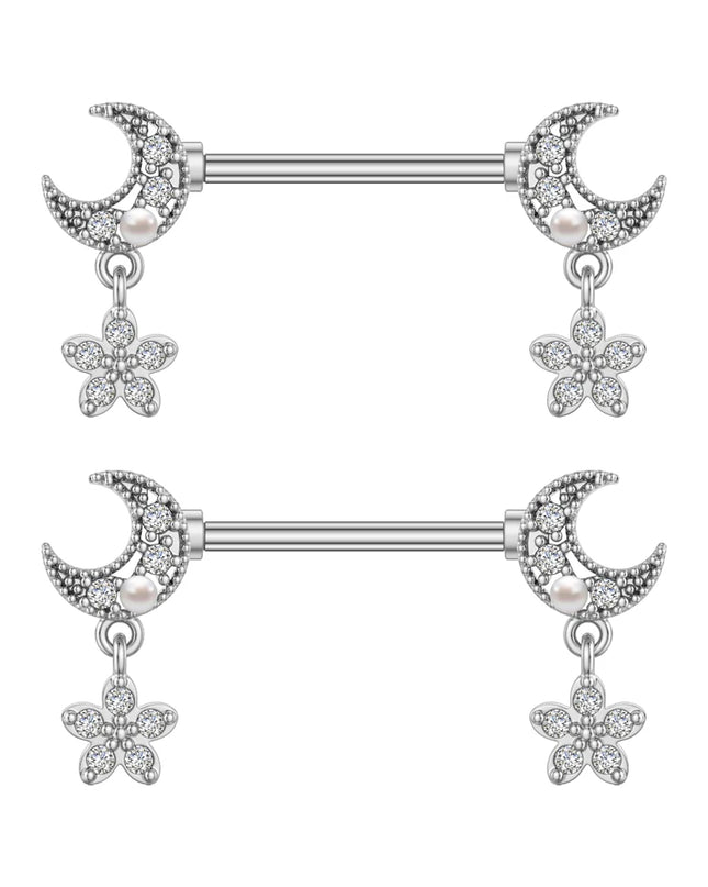 2pcs Lettering Sexy Nipple Piercing Jewelry Buttefly Cat Flower Dangled Stainless Steel Nipple Rings for Women Girls 1.6*16mm