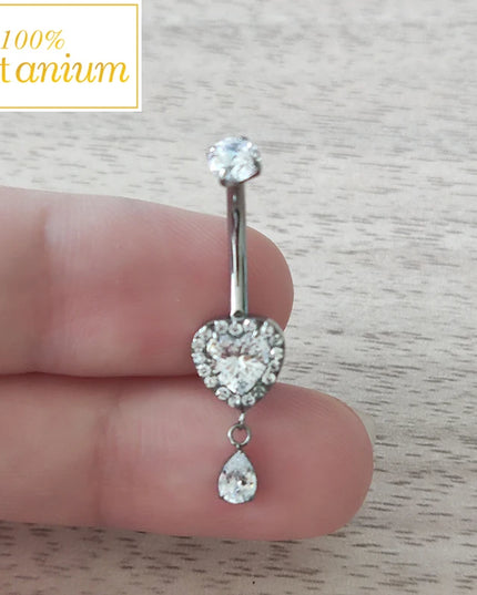 F136 Titanium Zircon Heart Dangle Belly Button Rings 14G CZ Paved Top Threaded Curved Barbell Women Sexy Navel Piercing Jewelry
