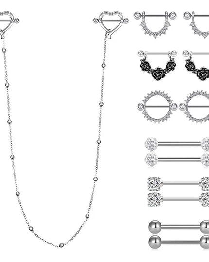 2pcs Surgical Steel Nipple Piercing with Chain Breast Shield Fake Pierced Clip Nipple Ring Cover for Women Sexy Body Jewelry 14G
