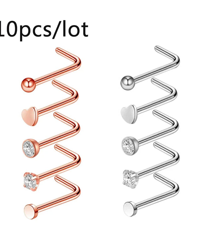 3/4/5/8/10/15/30pcs/lot Fake Nose Studs Ring Piercing Sets L-S-Shaped Curved Nose Rings Pack Steel Star Heart Moon Nose Jewelry