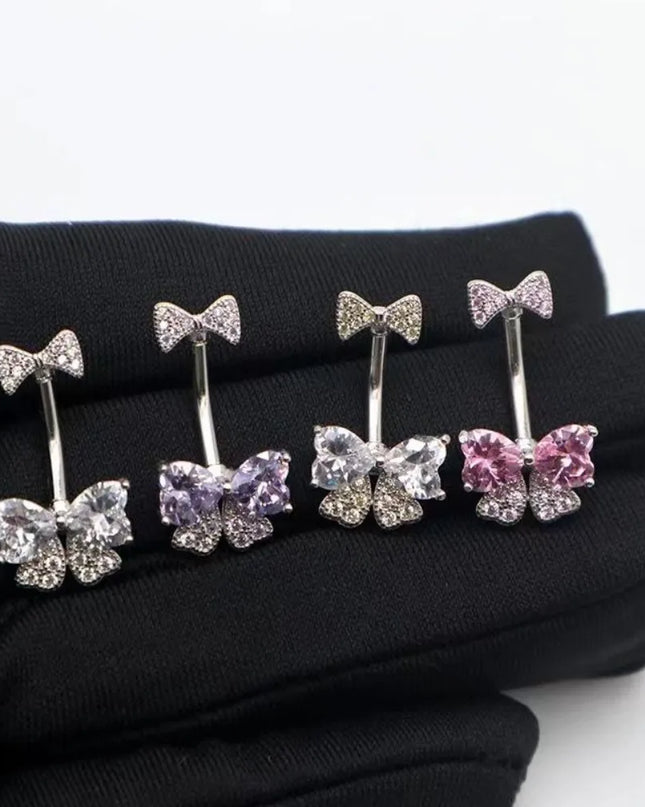 Elegant Belly Button Rings Stainless Steel Crystal Navel Piercing Jewelry Body Jewelry Barbell Style Pink Bow Belly Rings