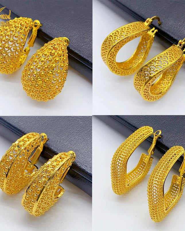 Dubai Simple Fashion Gold Plated Hollow Pierced Earrings Piercings Cartilage Ear Ring for Women Bride Ornament Gift Fine Jewelry