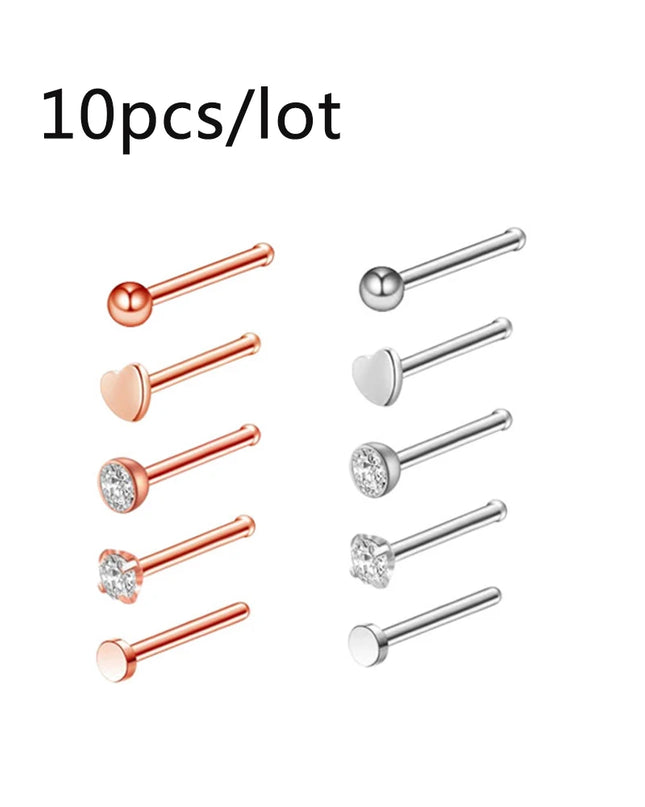3/4/5/8/10/15/30pcs/lot Fake Nose Studs Ring Piercing Sets L-S-Shaped Curved Nose Rings Pack Steel Star Heart Moon Nose Jewelry
