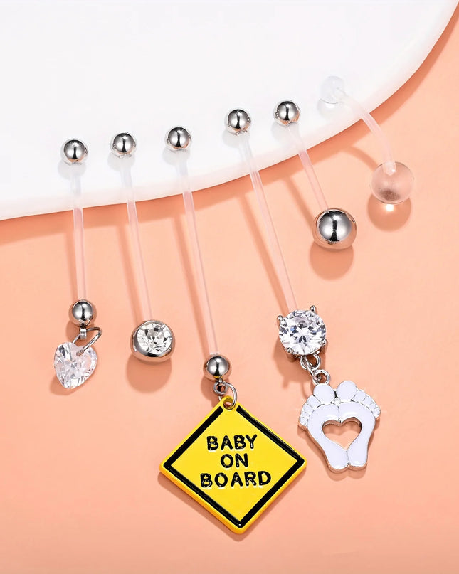 6pcs Different Sizes of Pregnant Belly Button Set, Transparent Ball Ball Love Foot Pendant,  Soft Pregnant Belly Button Piercing