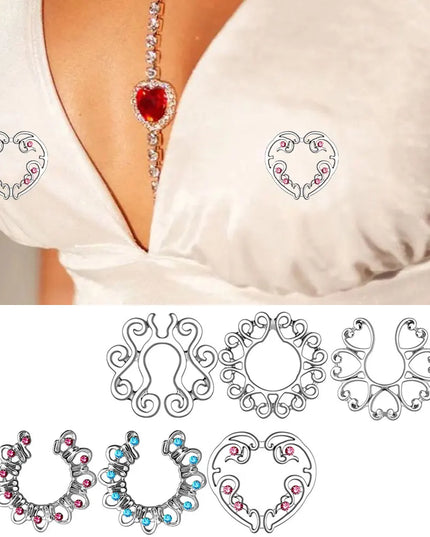 Sexy Fake Piercing Nipple Rings for Women Hollow Pattern Nipple Clamp 316L Stainless Steel Beach Party Chest Decor Body Jewelry