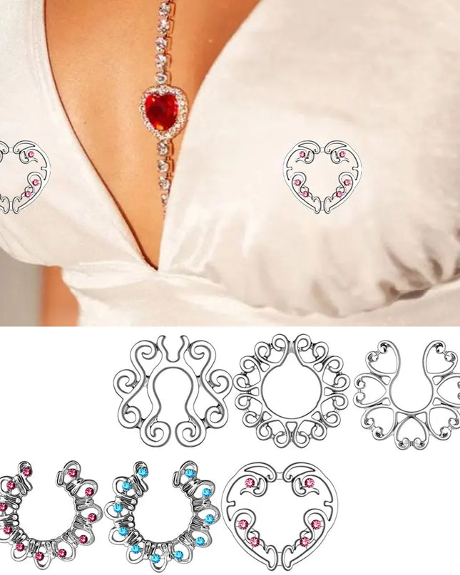Sexy Fake Piercing Nipple Rings for Women Hollow Pattern Nipple Clamp 316L Stainless Steel Beach Party Chest Decor Body Jewelry