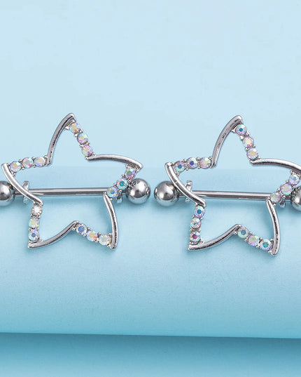 2pcs Nipple Ring Barbell Rhinestone Paved Star Shape Nipplerings Piercing Stainless Steel 14G Nipple Rings Shields Body Piercing