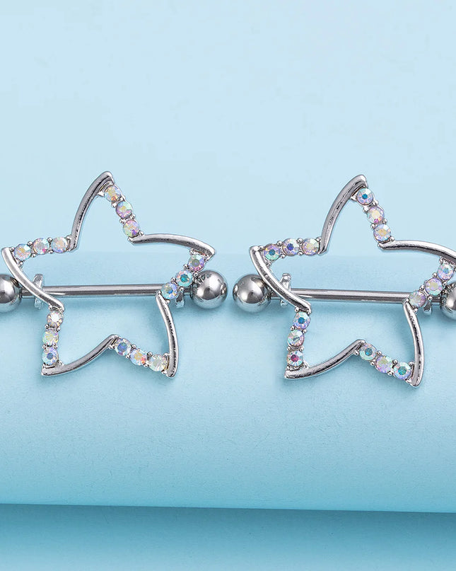 2pcs Nipple Ring Barbell Rhinestone Paved Star Shape Nipplerings Piercing Stainless Steel 14G Nipple Rings Shields Body Piercing