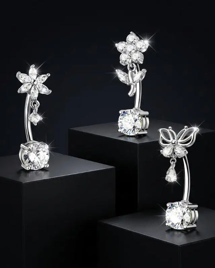 1 Pcs Stainless Steel Belly Button Rings With Shiny Butterfly Flower Dangle For Daily Wear Beach Party Piercing Jewelry Gift