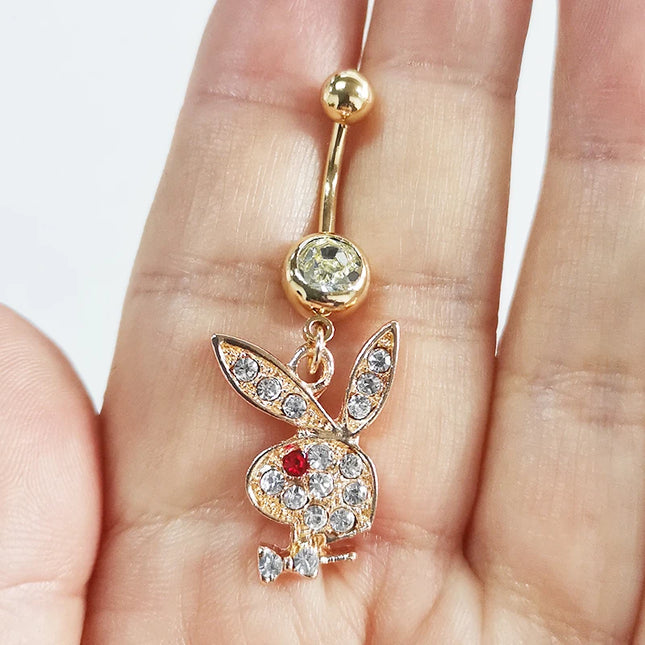 1pc Belly Button Rings Bunny Navel rings Gold color Rabbit Belly Rings for Women Gem stone Pink Bunny Fake Belly Piercing Ring