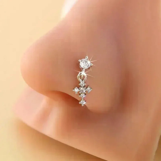 Dangle Nose Rings For Women Cross Zircon Nose Piercing Jewelry L Shape Nose Studs Body Jewelry Accessories