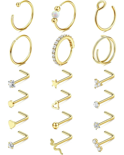 Florideco 14K Gold Plated Nose Rings for Women Men 20G Stainless Steel Nose Rings Hoops L Shaped Studs Nostril Piercings Jewelry