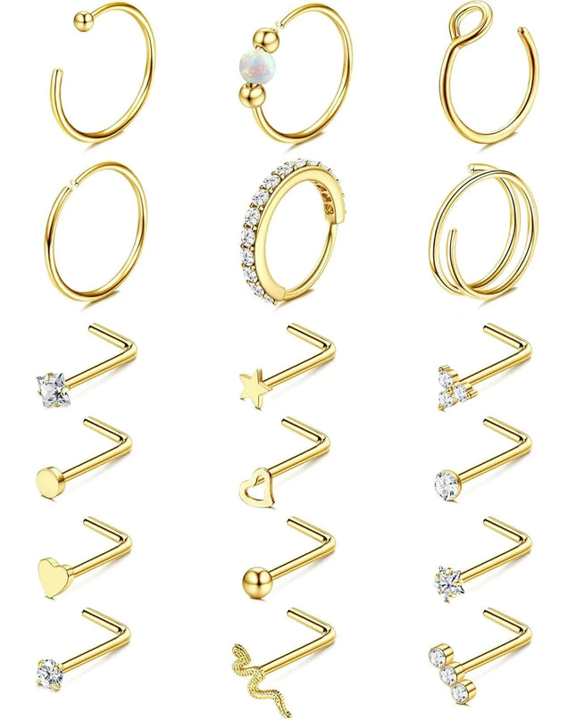 Florideco 14K Gold Plated Nose Rings for Women Men 20G Stainless Steel Nose Rings Hoops L Shaped Studs Nostril Piercings Jewelry
