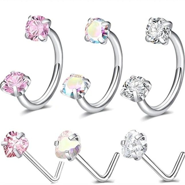6/2pcs Horseshoe Nose Rings With L-Shape Nose Stud, Stainless Steel Rianbow CZ Nose Ring,, Lip Eyebrow Helix Ear Piercing