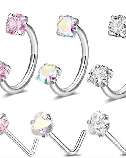 6/2pcs Horseshoe Nose Rings With L-Shape Nose Stud, Stainless Steel Rianbow CZ Nose Ring,, Lip Eyebrow Helix Ear Piercing