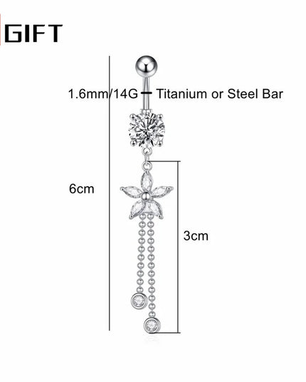 14G Belly Button Piercing Rings for Elegant Women Surgical Titanium Stainless Steel CZ Flower Long Chain Dangle Navel Jewelry