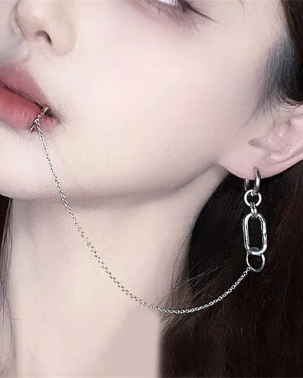 Cool Style Fake Piercing Lip Clip Earring Punk Chain Linked Earrings Hinged Lip Ring For Women Men Fashion Jewelry Accessories