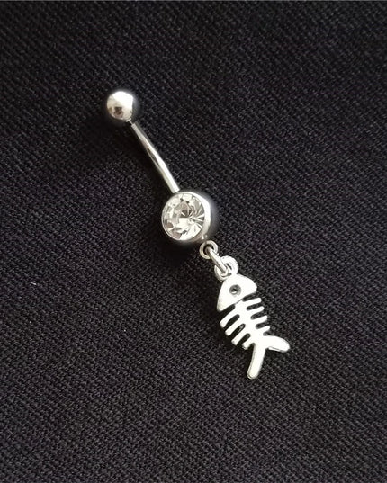 Funny Fish Bone Dangle Belly Button Ring, Skeleton Charm Surgical Stainless Steel 14 Gauge Navel Barbell Ring, Beach Jewelry