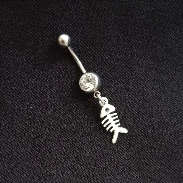 Funny Fish Bone Dangle Belly Button Ring, Skeleton Charm Surgical Stainless Steel 14 Gauge Navel Barbell Ring, Beach Jewelry