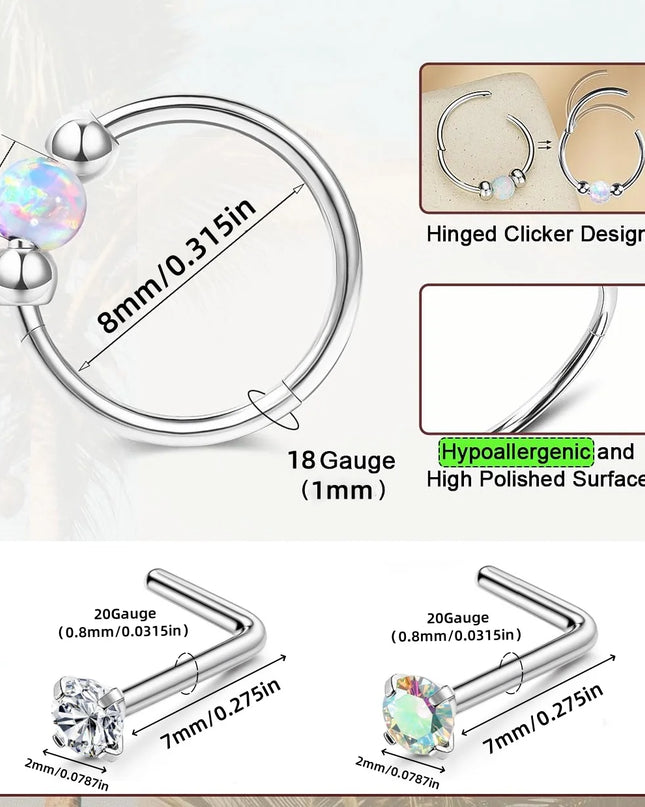 316L Stainless Steel Opal Bead Nose Ring Hoop L-Shaped CZ Nose Stud Set Septum Piercing Nose Jewelry