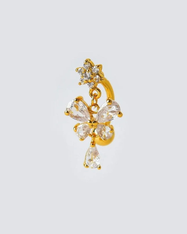 Zircon Bow Belly Button Rings Flower Head Butterfly Design Dangle Belly Rings 316 Stainless Steel Cute Reversed Navel Rings