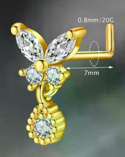 L Shaped Nose Studs Rings Cute Heart Moon Shiny Zircon Gold Silver Color Nose Piercing For Women Girl Nostril Jewelry