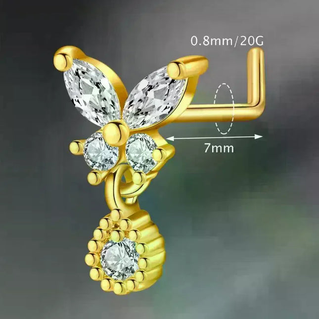 L Shaped Nose Studs Rings Cute Heart Moon Shiny Zircon Gold Silver Color Nose Piercing For Women Girl Nostril Jewelry