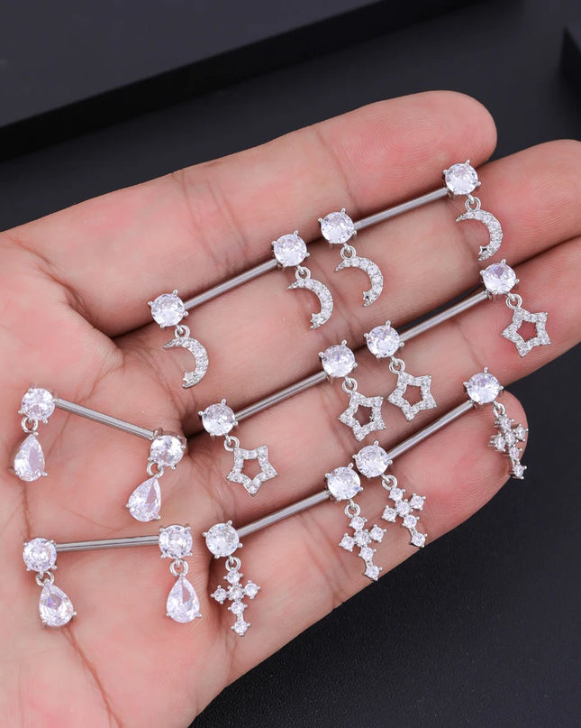 2pcs Cute Bear Butterfly Dangle Nipple Piercings Stainless Steel Cross Star Hanging Nipple Shield Barbell for Women Nipple Rings
