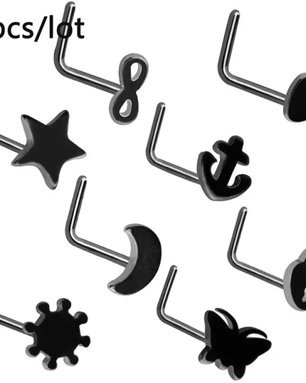 3/4/5/8/10/15/30pcs/lot Fake Nose Studs Ring Piercing Sets L-S-Shaped Curved Nose Rings Pack Steel Star Heart Moon Nose Jewelry