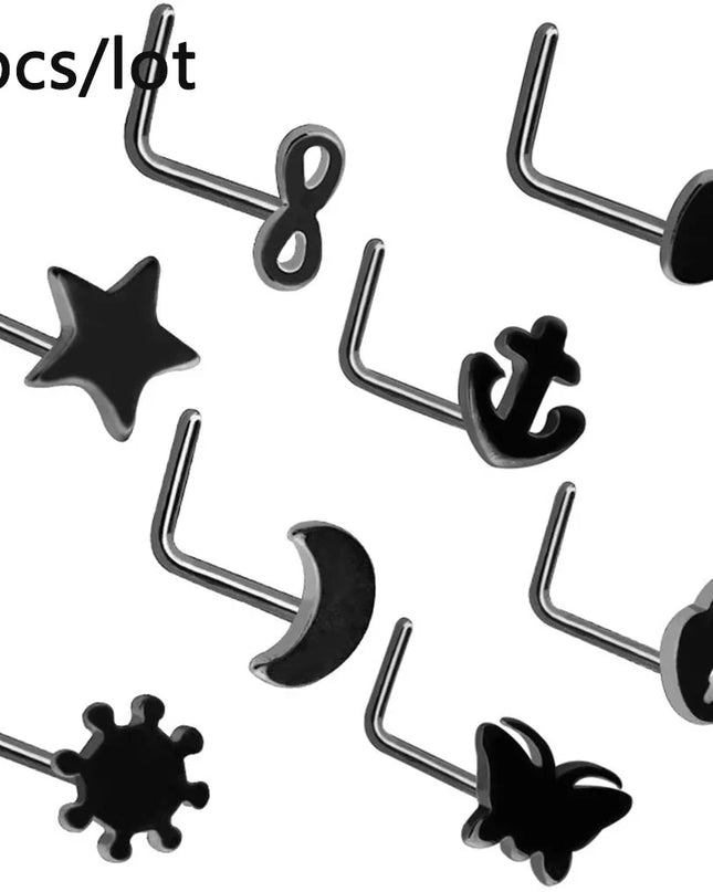 3/4/5/8/10/15/30pcs/lot Fake Nose Studs Ring Piercing Sets L-S-Shaped Curved Nose Rings Pack Steel Star Heart Moon Nose Jewelry
